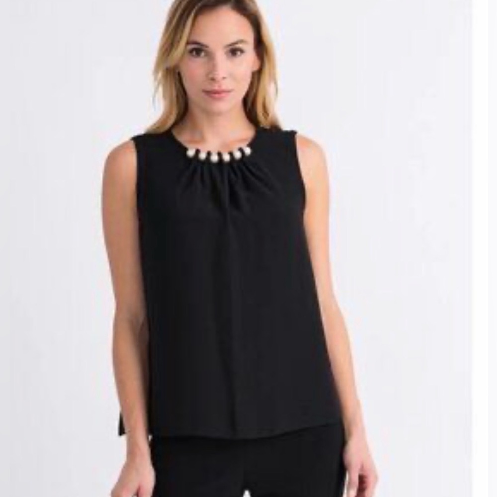 White House Black Market Oversized Pearl Sleeveless Sleek Black Blouse- Medium